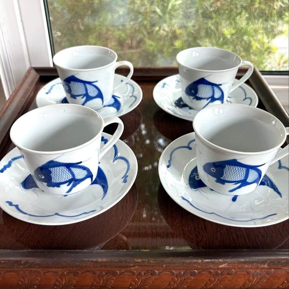 Koi Fish Tea Cups and Saucers Set of 4, 8 Pieces Total